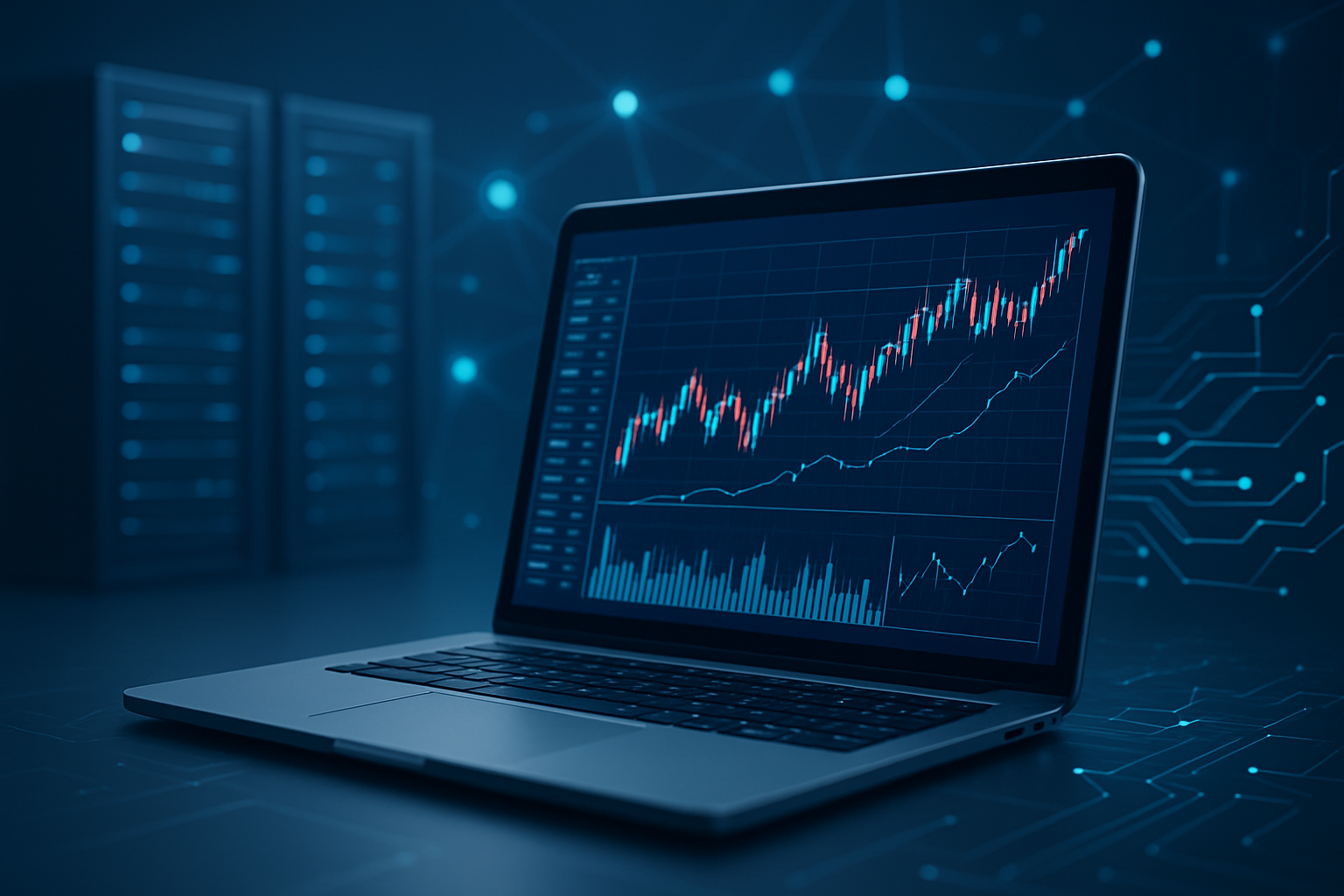 A laptop displaying a forex trading chart with digital elements in the background.